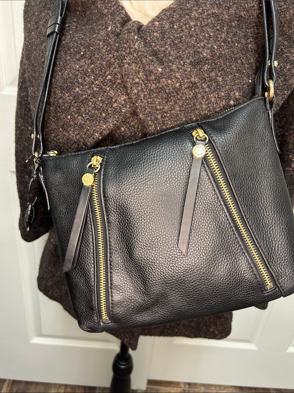 Radley of London Black Pebbled Leather Crossbody Bag with Gold Zipper Accents